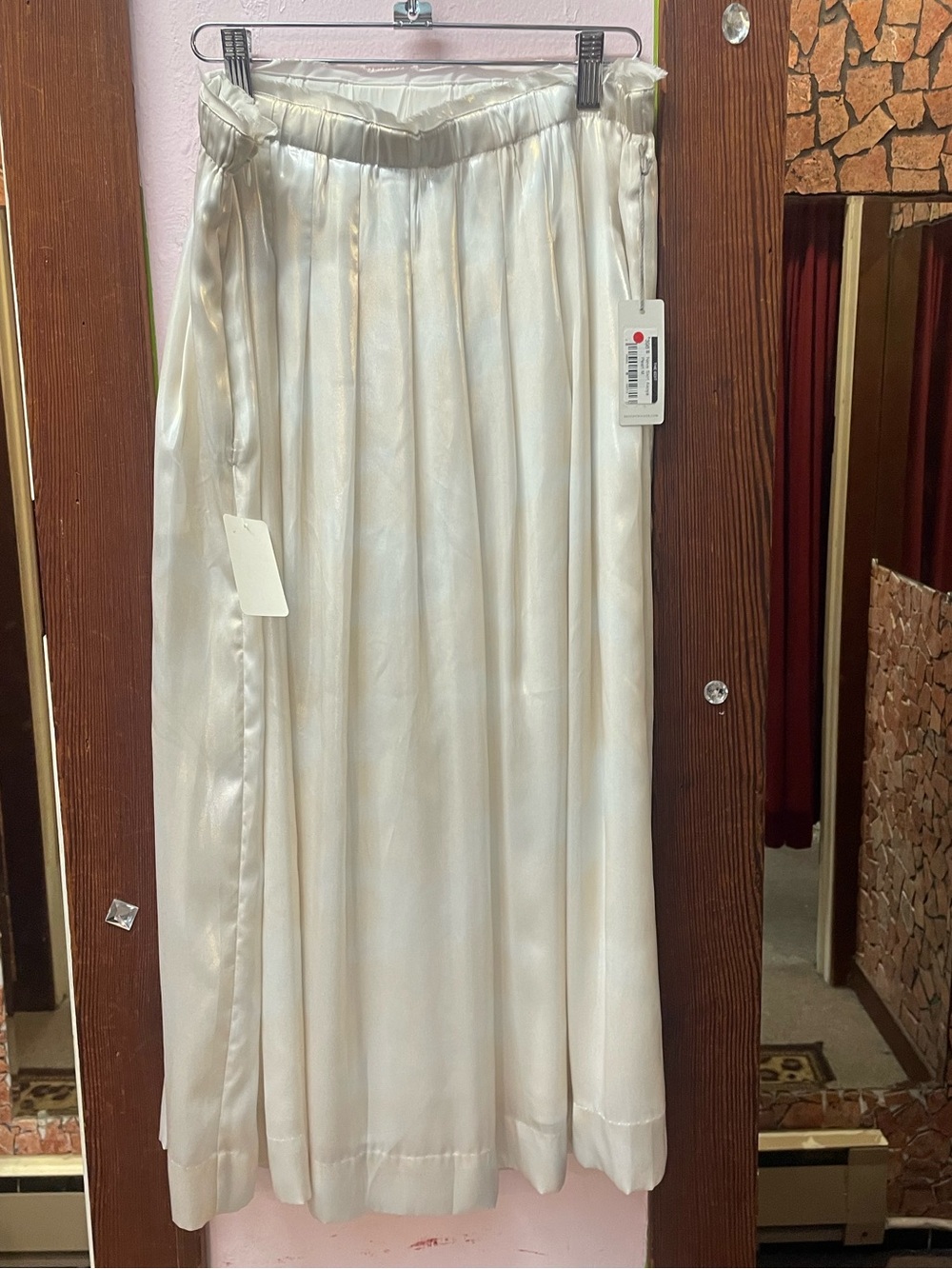 Brochu Walker Cream Satin Pleated Maxi Skirt with Elastic Waist
